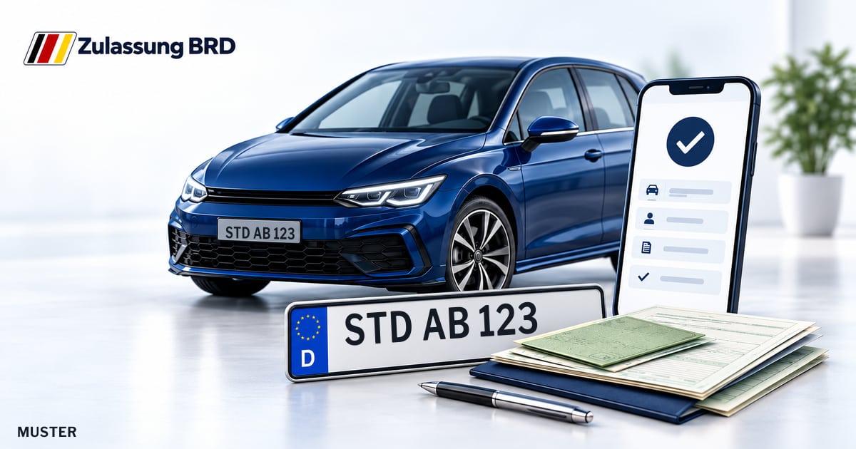 Online Fahrzeugzulassung in Harsefeld: Musterkennzeichen STD AB 123, Auto und Fahrzeugpapiere und Smartphone. Illustration mit Logo von Zulassung BRD.